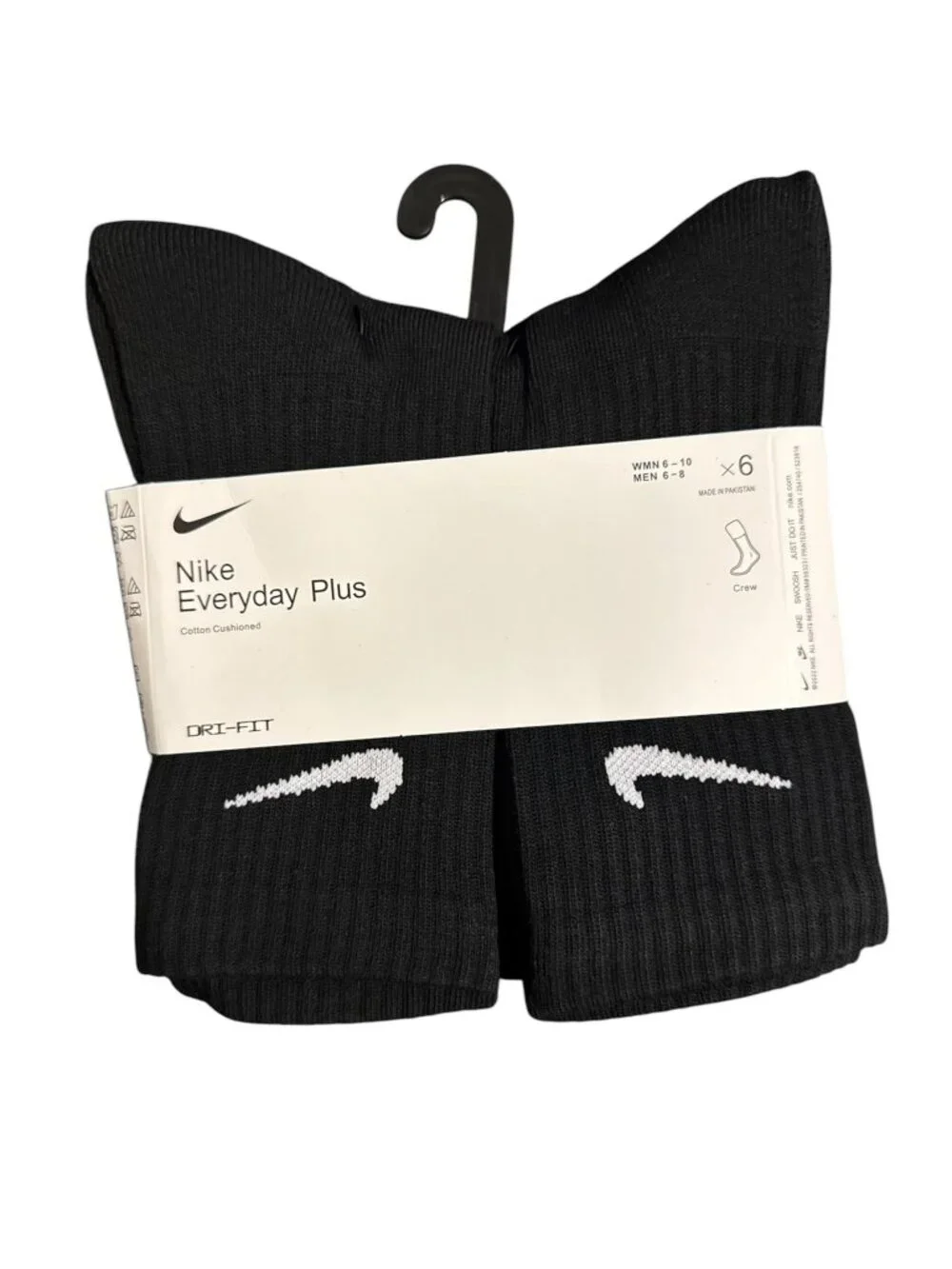 Nike Everyday Plus Dri-FIT Crew Socks 6 Pairs Cushioned Black White M L